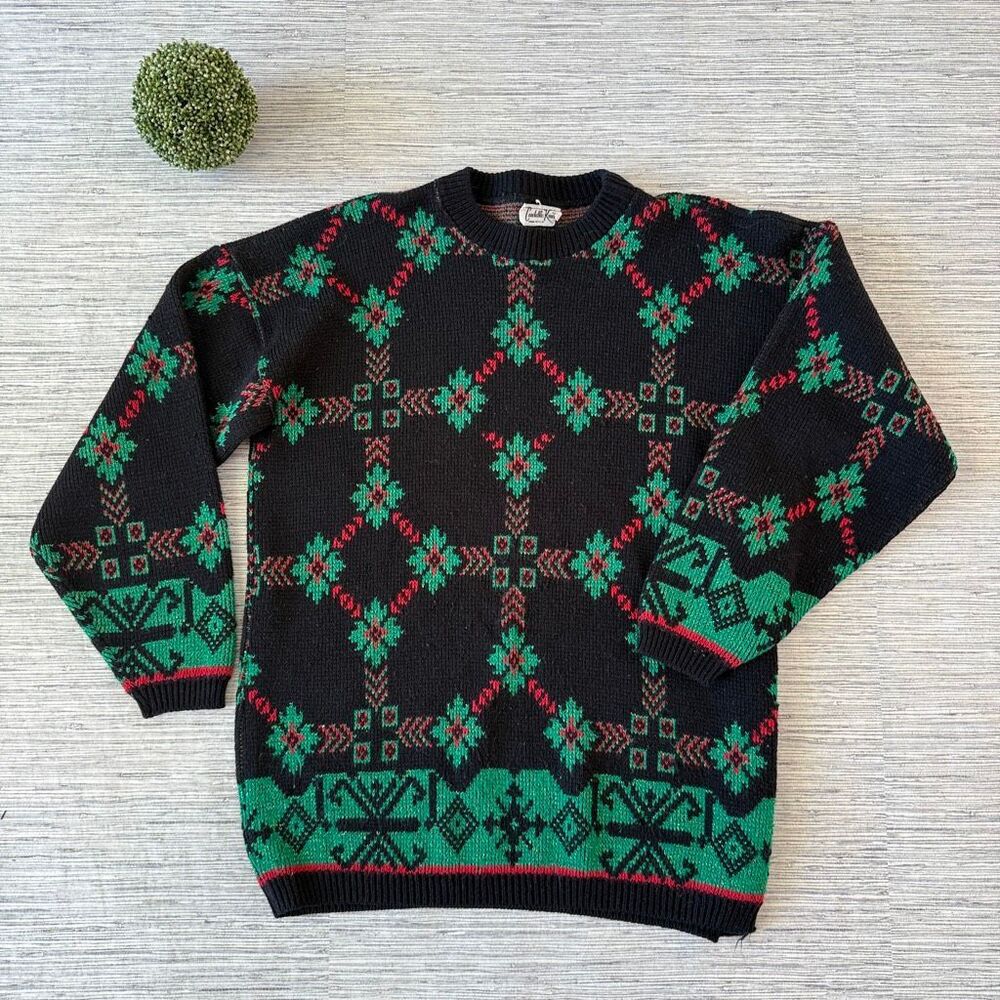 VTG 80s 90s Cuddle Knit Christmas Holiday Sweater Black Red Green L/XL